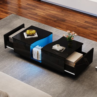 Modern LED Coffee Table with 2 Drawers – High Gloss Black