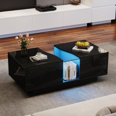 Modern LED Coffee Table with 2 Drawers – High Gloss Black