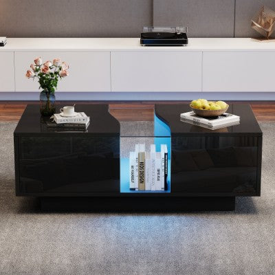 Modern LED Coffee Table with 2 Drawers – High Gloss Black