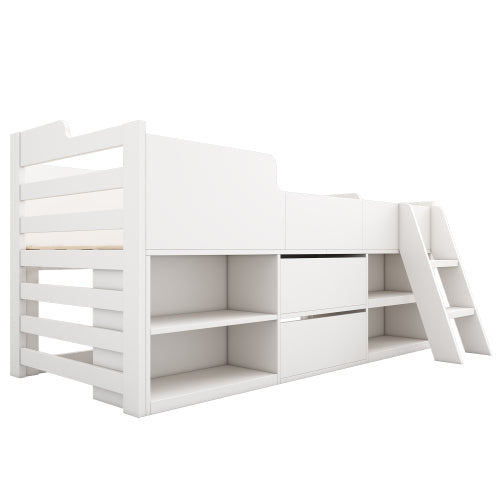Kids Mid Sleeper Bed with Drawers & Shelf