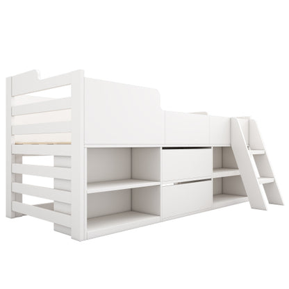 Kids Mid Sleeper Bed with Drawers & Shelf