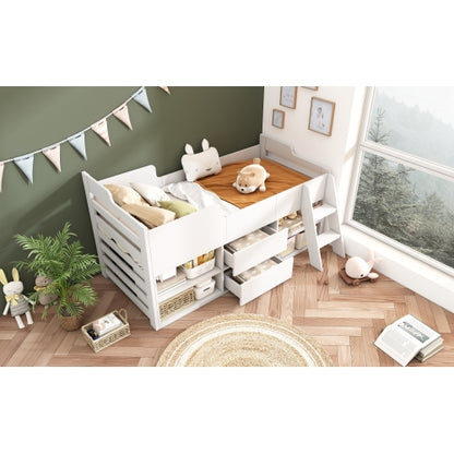 Kids Mid Sleeper Bed with Drawers & Shelf