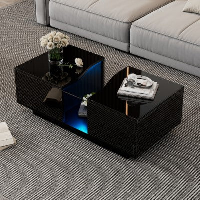 Modern LED Coffee Table with 2 Drawers – High Gloss Black