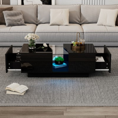 Modern LED Coffee Table with 2 Drawers – High Gloss Black