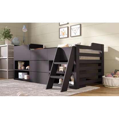 Kids Mid Sleeper Bed with Drawers & Shelf