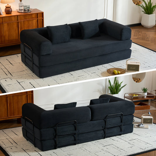 79" Convertible Sofa Bed with Fixed-Shape Frame & Removable Armrests, Corduroy Sofa, Mattress Couch for Small Spaces