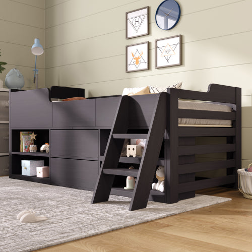 Kids Mid Sleeper Bed with Drawers & Shelf