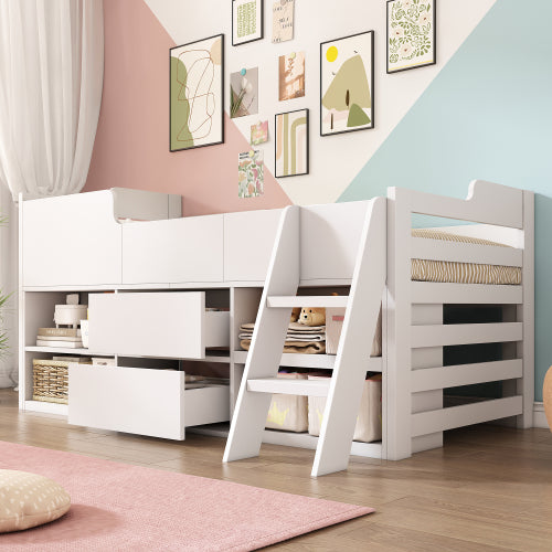 Kids Mid Sleeper Bed with Drawers & Shelf