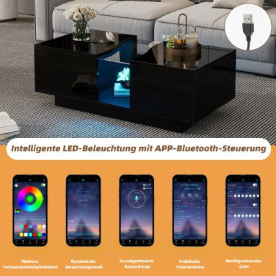 Modern LED Coffee Table with 2 Drawers – High Gloss Black