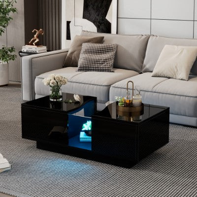 Modern LED Coffee Table with 2 Drawers – High Gloss Black