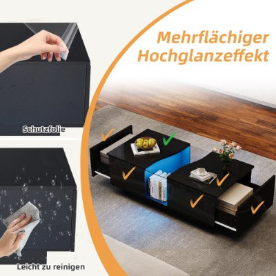 Modern LED Coffee Table with 2 Drawers – High Gloss Black